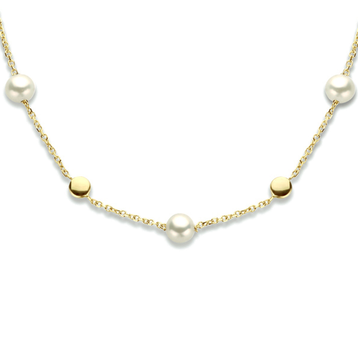 14-karaat ketting met rondjes en zoetwaterparels - Lengte 42 - 45 cm