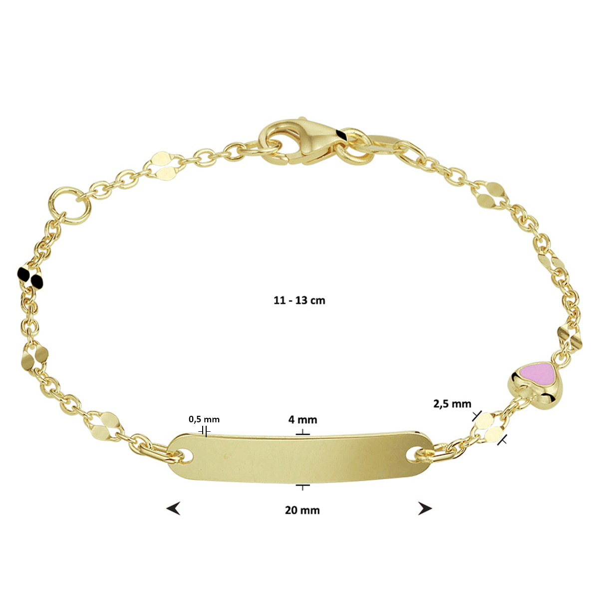 14-karaat kinder graveerarmbandje met roze hartje - Lengte 11 - 13 cm