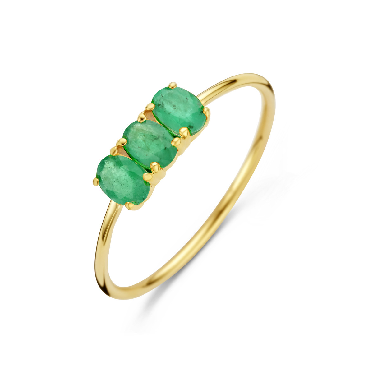 14-karaat ring met drie groene smaragd stenen 0.66 crt