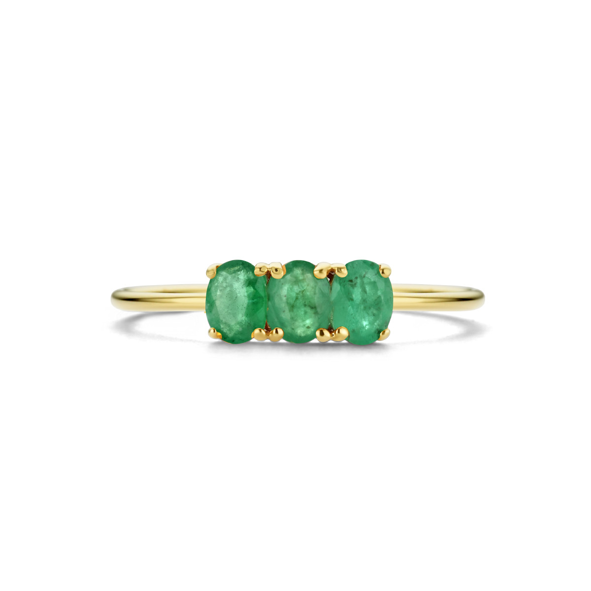 14-karaat ring met drie groene smaragd stenen 0.66 crt