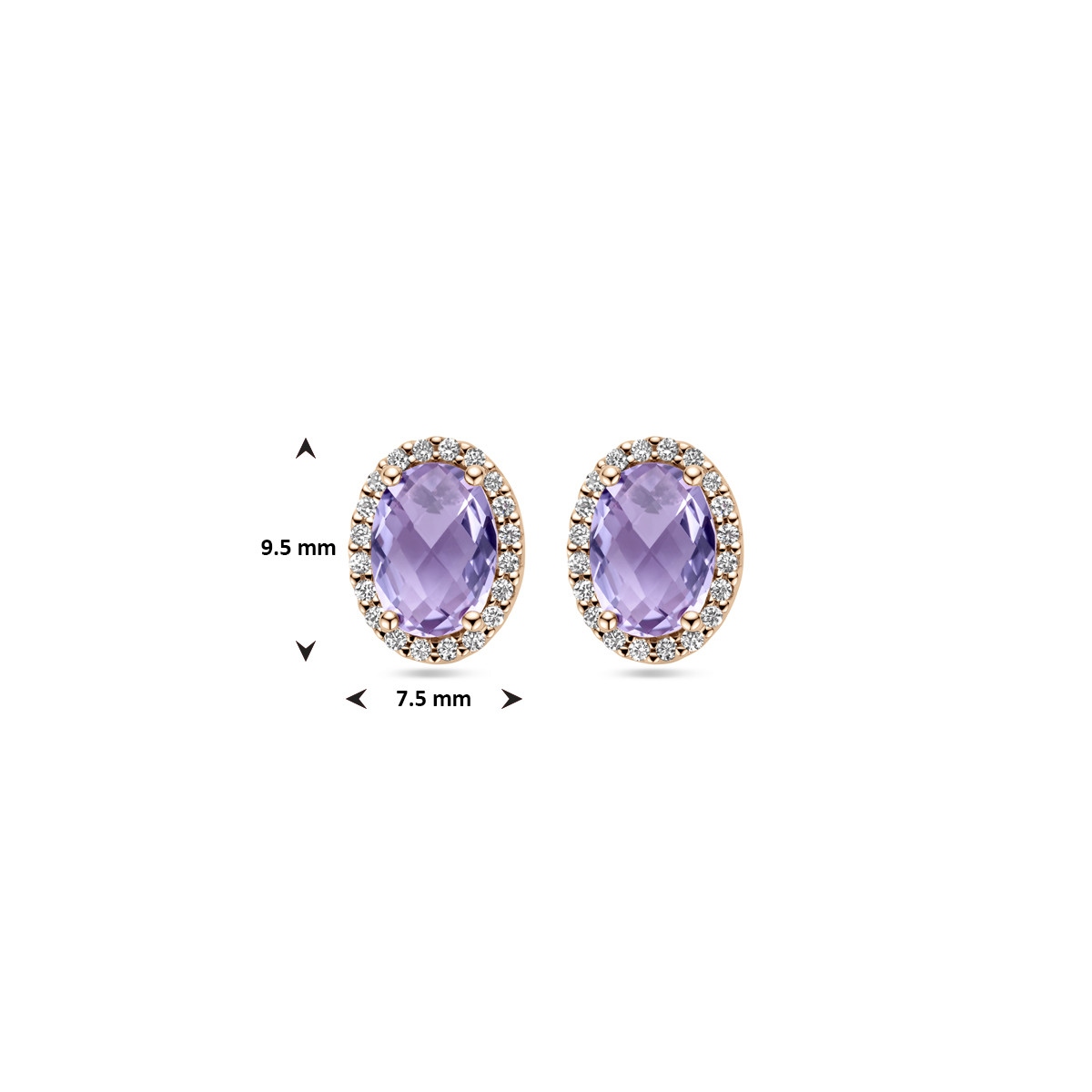 14-karaat roségouden oorknopjes met paarse amethist en diamant 0.13 crt – 9.5 mm x 7.5 mm