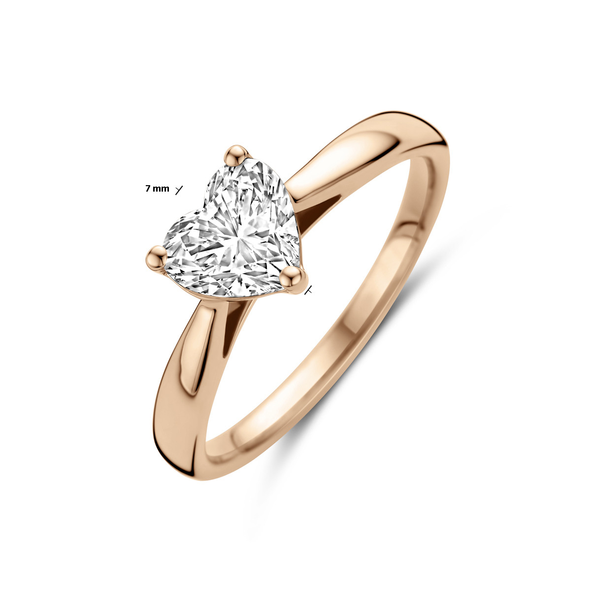 14-karaat roségouden solitair ring met hart lab grown diamant 1.00 crt 7 mm breed