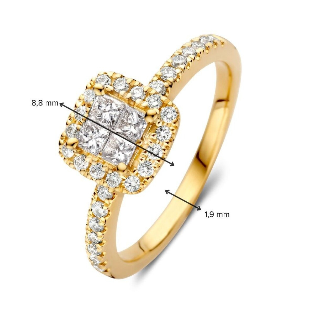14-karaat vierkante gouden diamanten halo ring 0.58 crt glanzend 8.8 mm breed