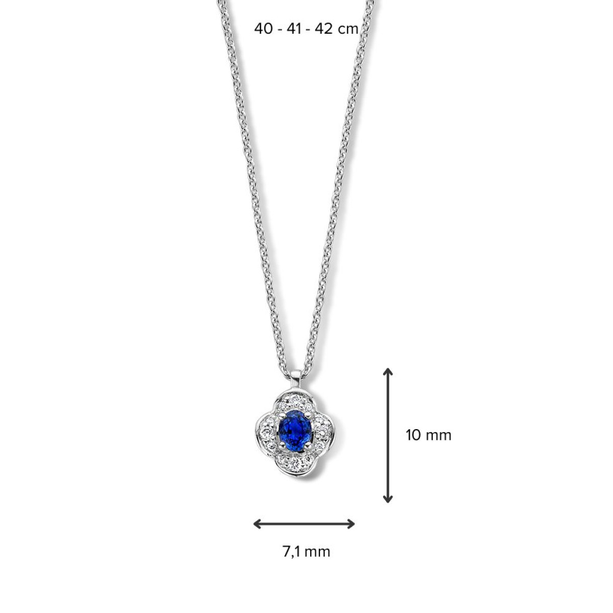14-karaat witgouden ketting met bloem hanger saffier en diamant - Lengte 40-42 cm
