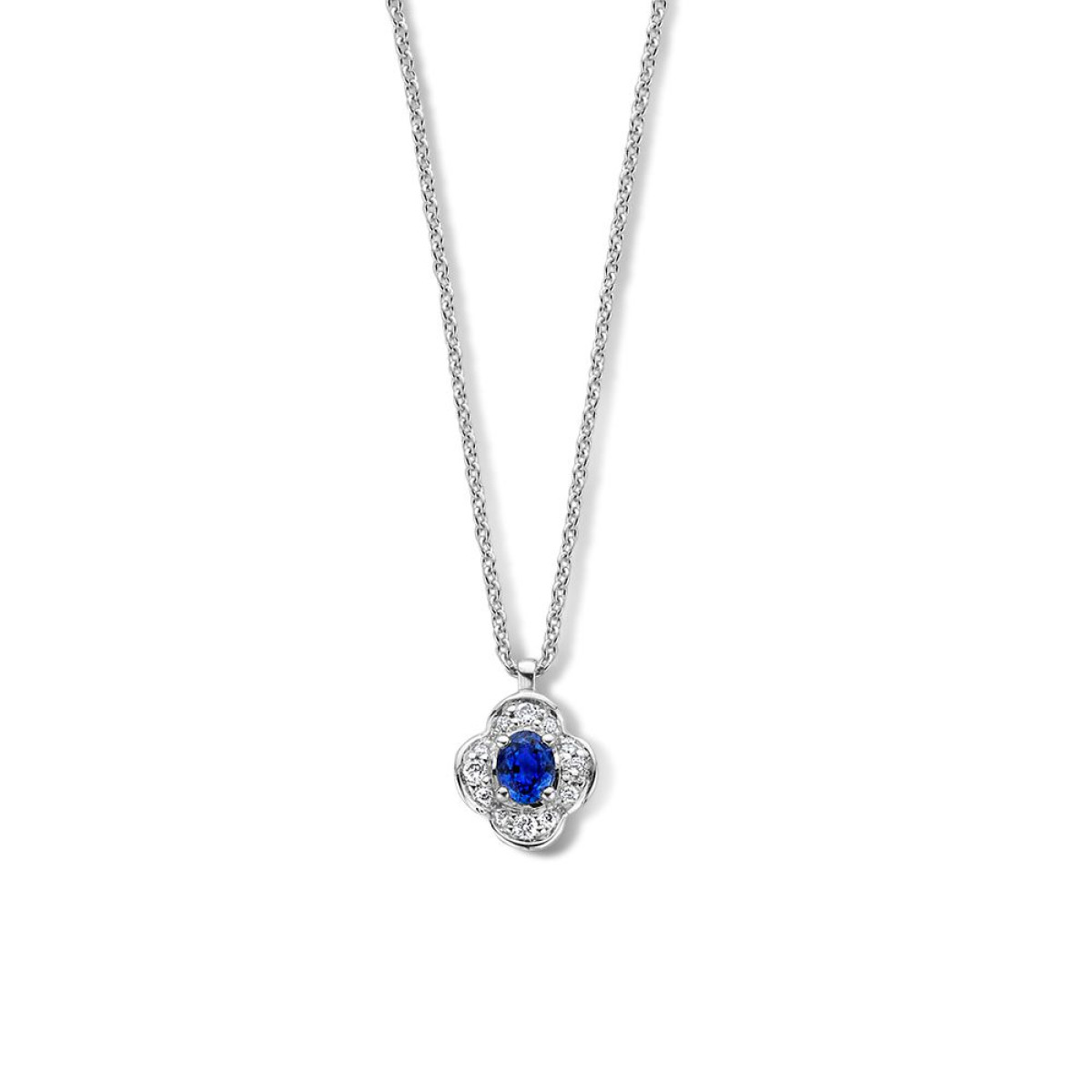 14-karaat witgouden ketting met bloem hanger saffier en diamant - Lengte 40-42 cm