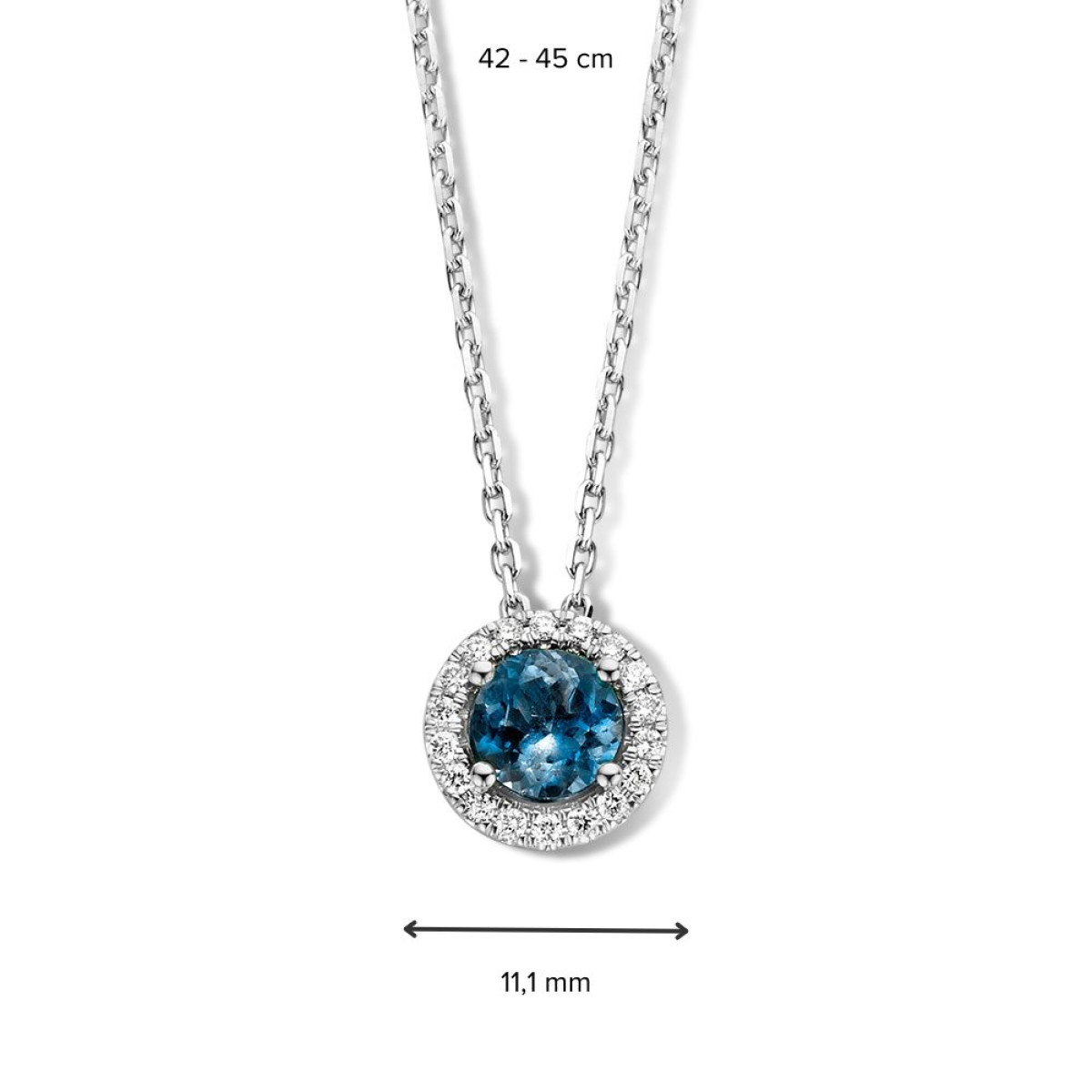 14-karaat witgouden ketting met ronde hanger blauwe saffier en diamanten - Lengte 43-45 cm
