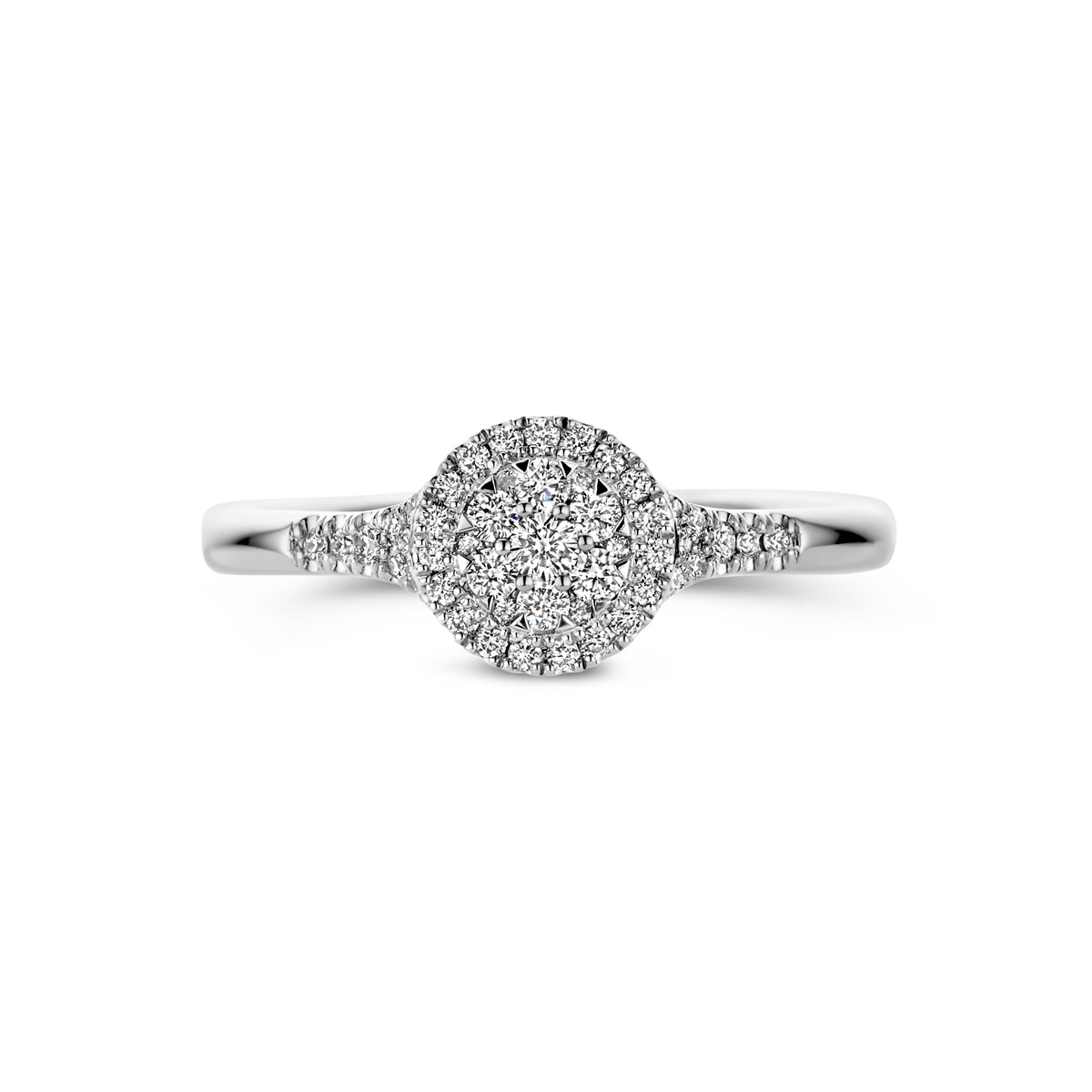 14-karaat witgouden ring met cluster 0.28 crt diamanten 7.5 mm breed