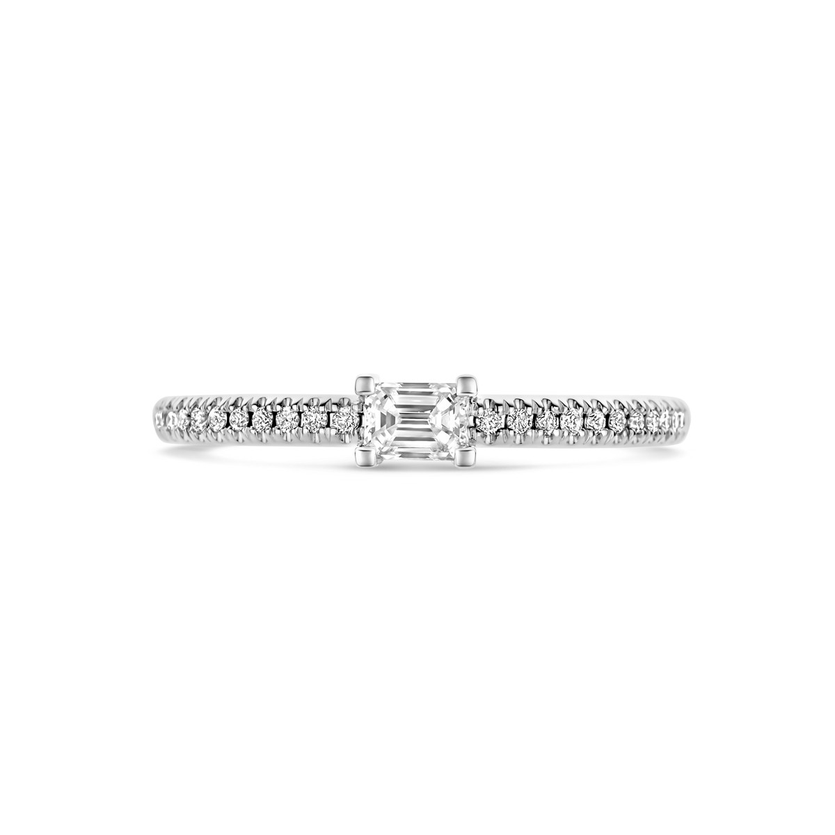 14-karaat witgouden ring met emerald geslepen diamant en rij 0.35 crt 3.5 mm breed