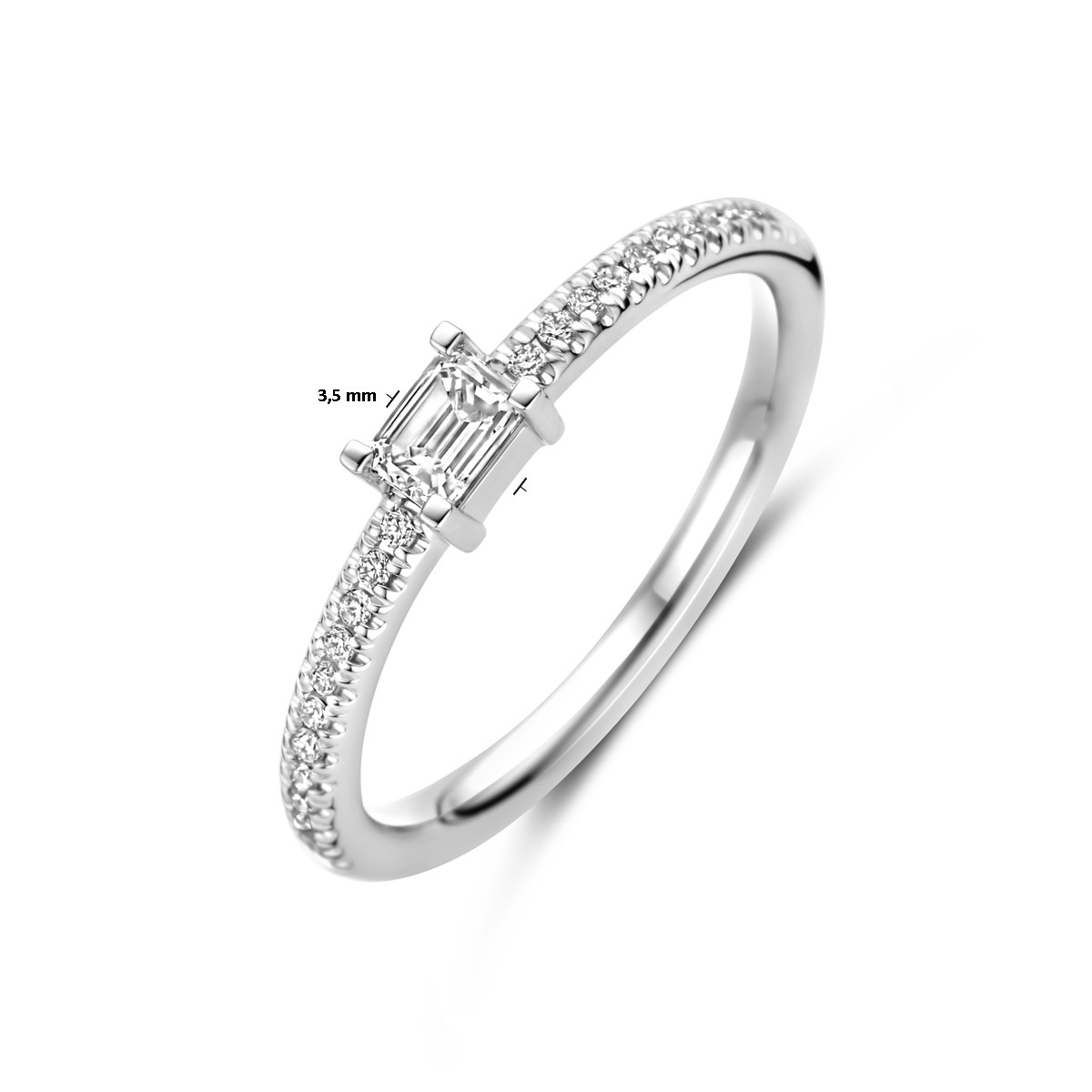 14-karaat witgouden ring met emerald geslepen diamant en rij 0.35 crt 3.5 mm breed