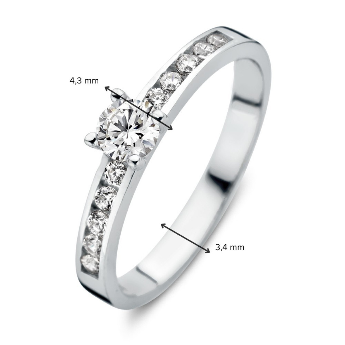 14-karaat witgouden ring met grote en kleine zirkonia stenen van 4.3 mm breed