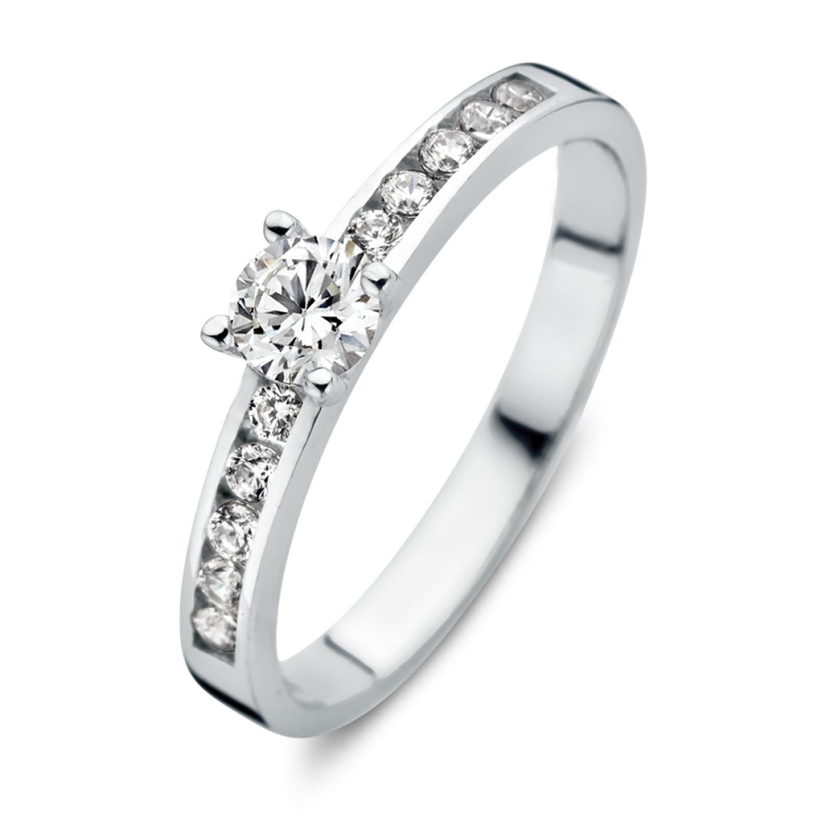 14-karaat witgouden ring met grote en kleine zirkonia stenen van 4.3 mm breed