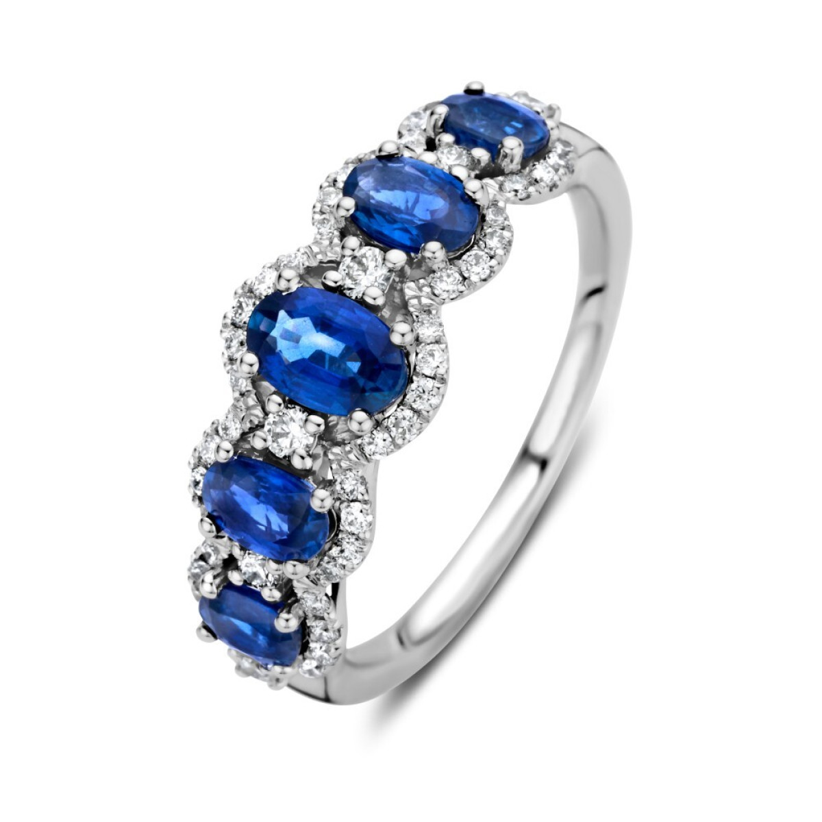 14-karaat witgouden ring met ovale saffier en halo van diamanten 0.32 crt 