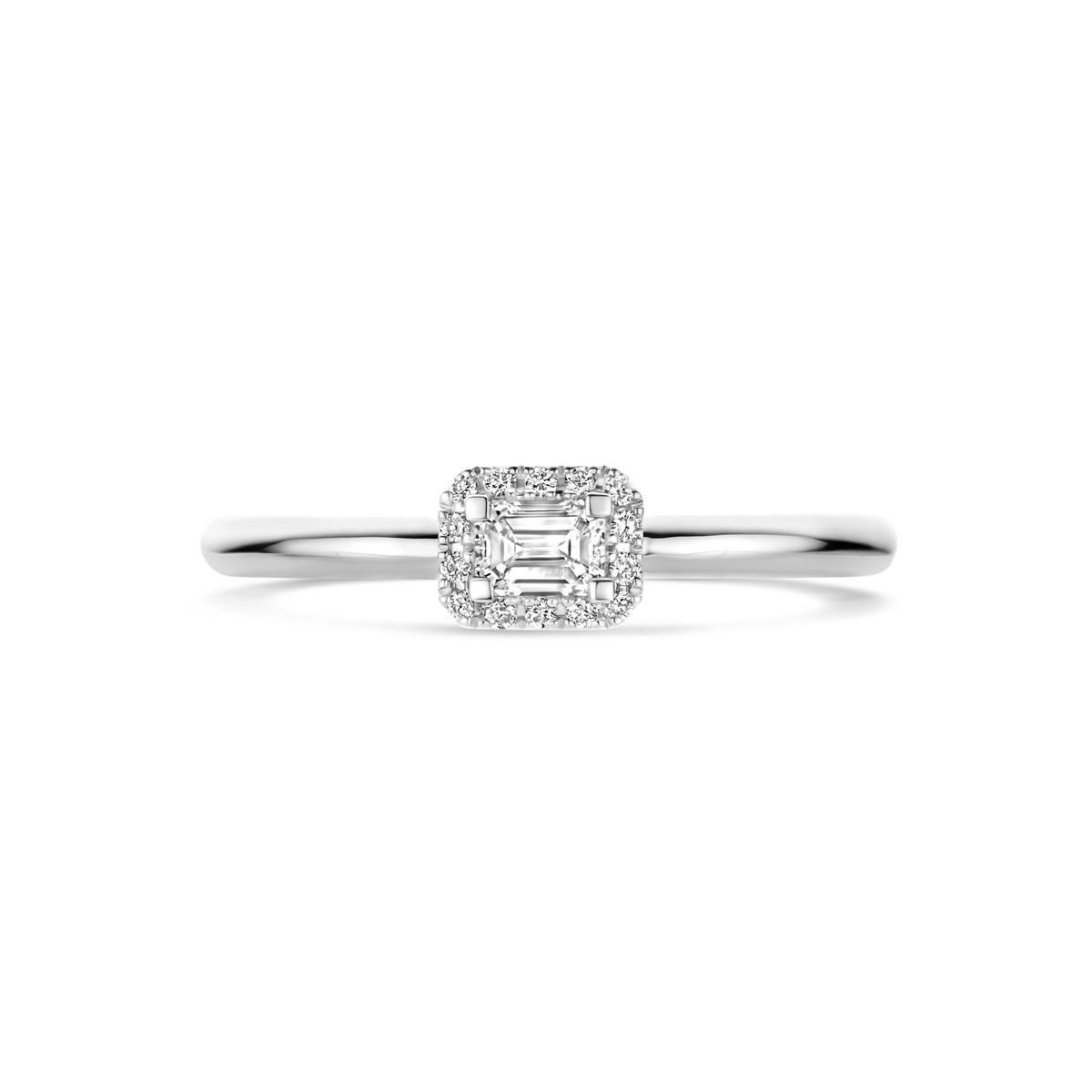 14-karaat witgouden ring rechthoekig met halo van diamanten 0.29 crt 5 mm breed