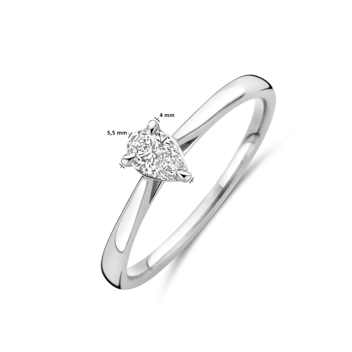 14-karaat witgouden solitaire ring met druppel lab diamant 0.25 crt 5.5 mm breed