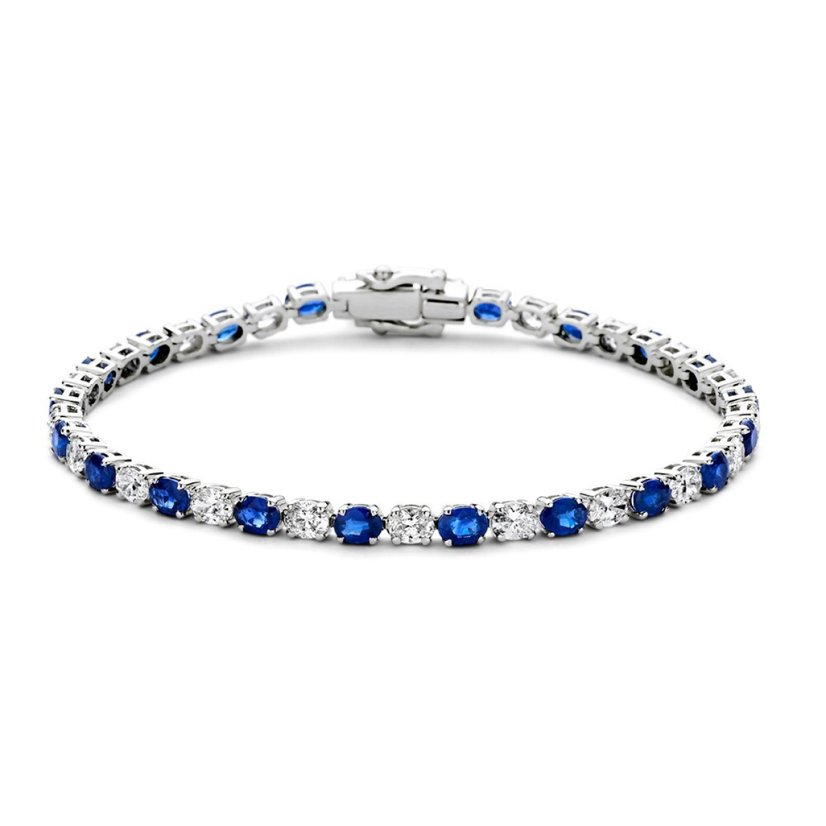 14-karaat witgouden tennisarmband met blauwe saffier en diamanten 3.05 crt - Lengte 18 cm
