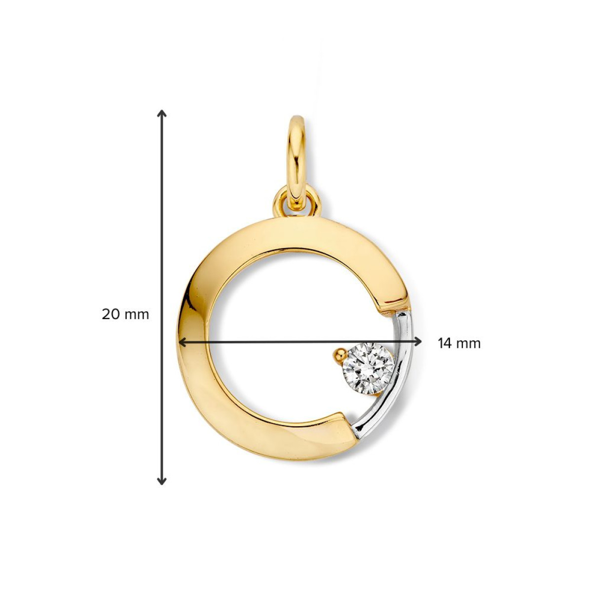 14-karaat bicolor geelgouden en witgouden ronde hanger met zirkonia - 14 mm x 20 mm