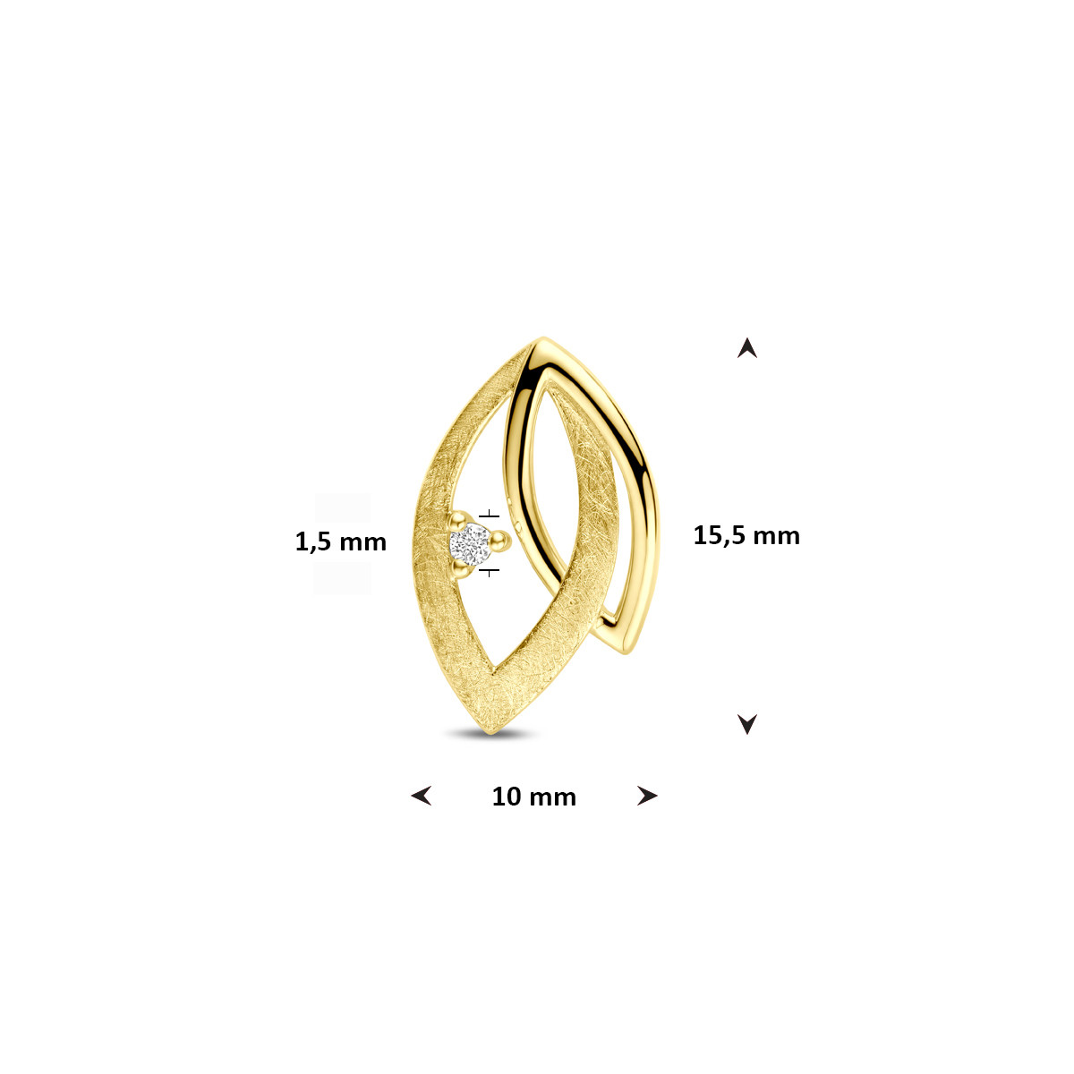 14-karaats gouden hanger met glanzend en scratched blad en 0.02 crt diamant - Hoogte 15.5 mm