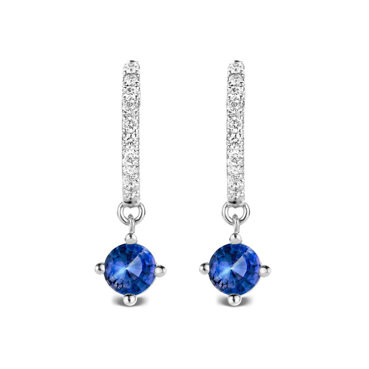 18-karaat witgouden oorringen met blauwe saffier en diamanten 0.20 crt - Hoogte 20 mm