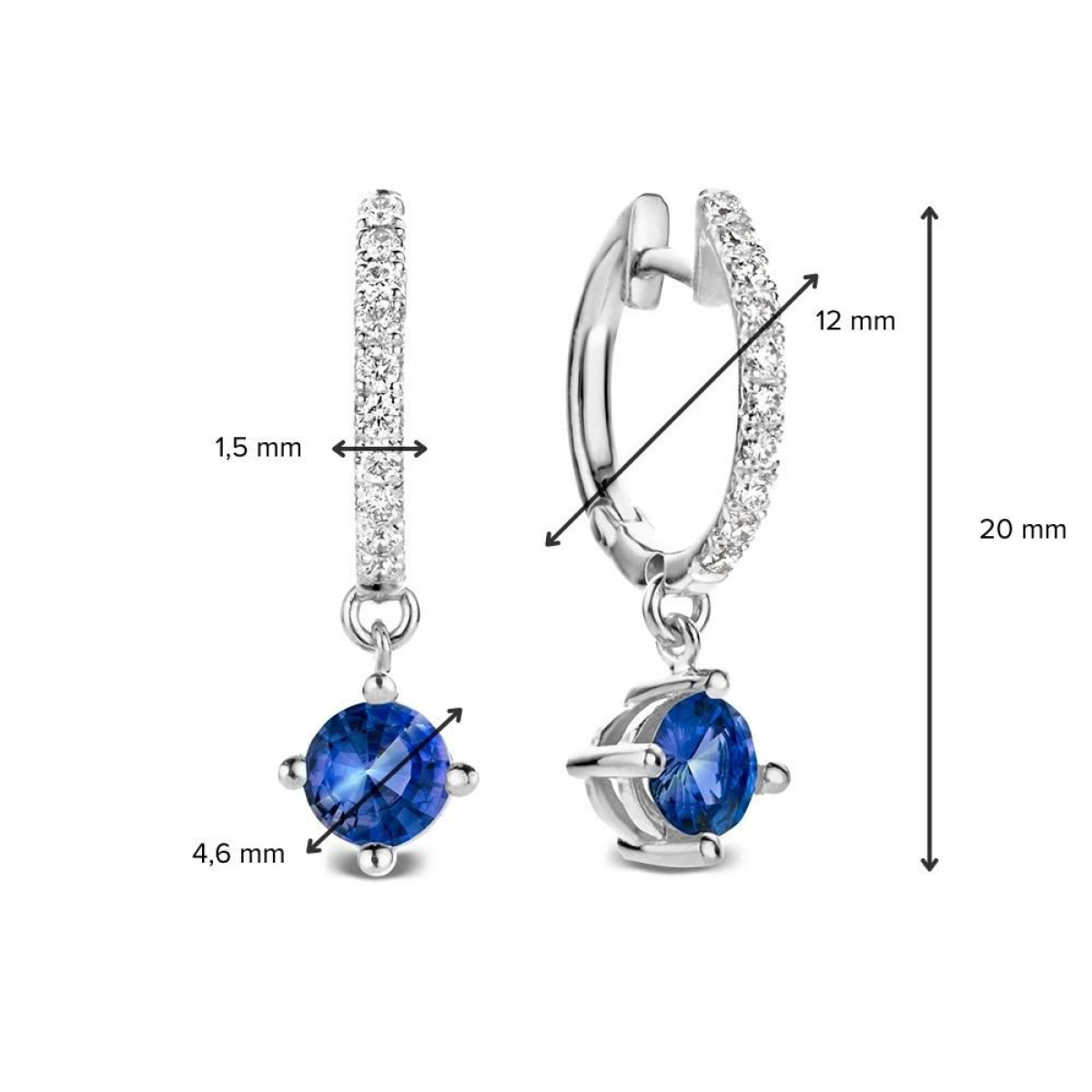 18-karaat witgouden oorringen met blauwe saffier en diamanten 0.20 crt - Hoogte 20 mm