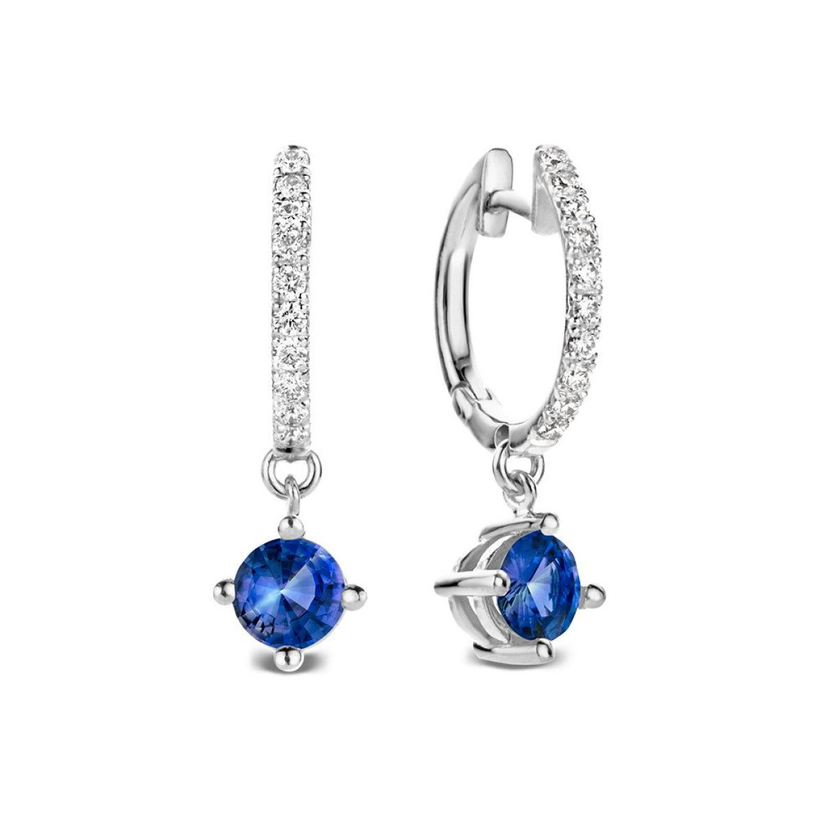 18-karaat witgouden oorringen met blauwe saffier en diamanten 0.20 crt - Hoogte 20 mm