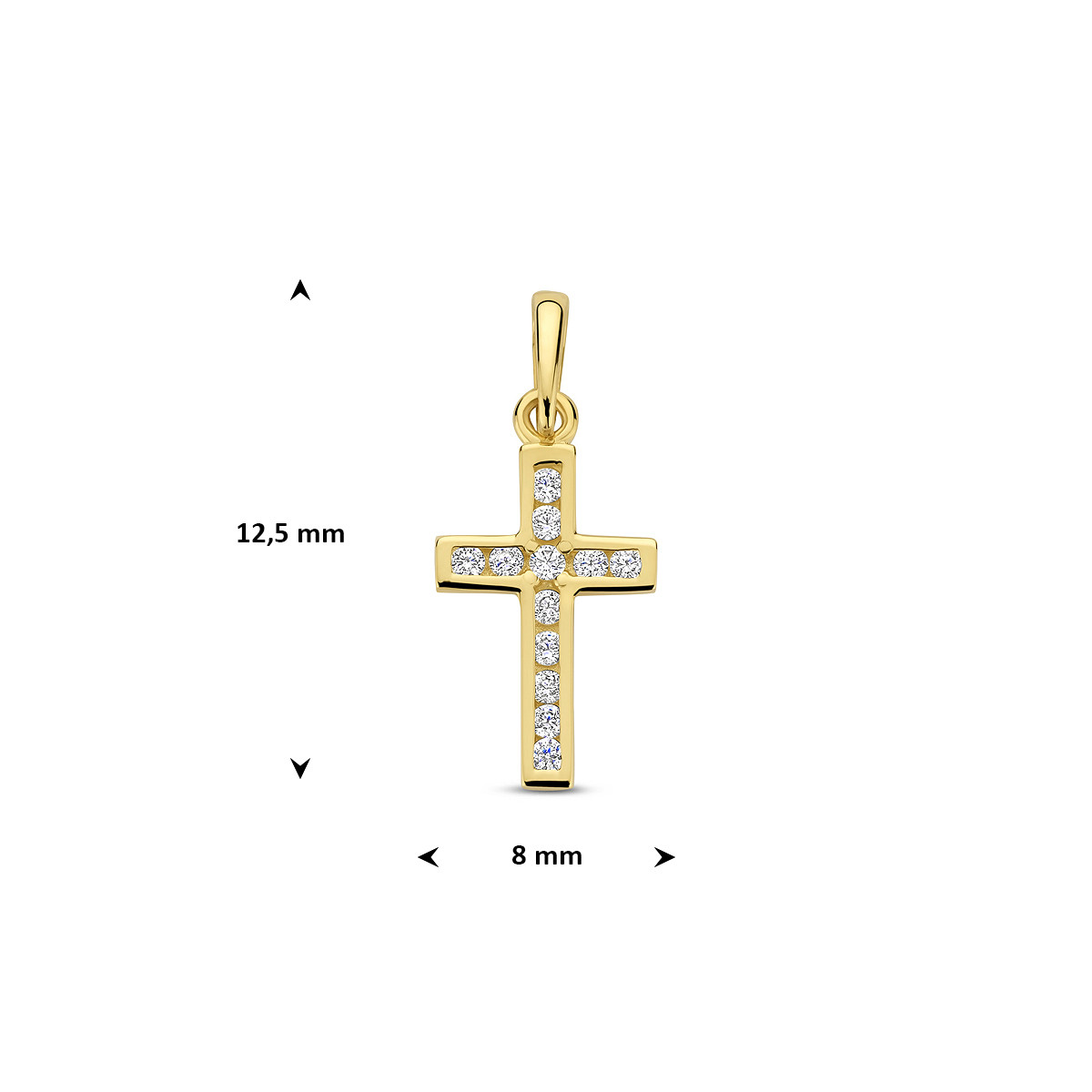 9-karaat goudkleurig kruisje met zirkonia steentjes 8 mm breed - Hoogte 12.5 mm