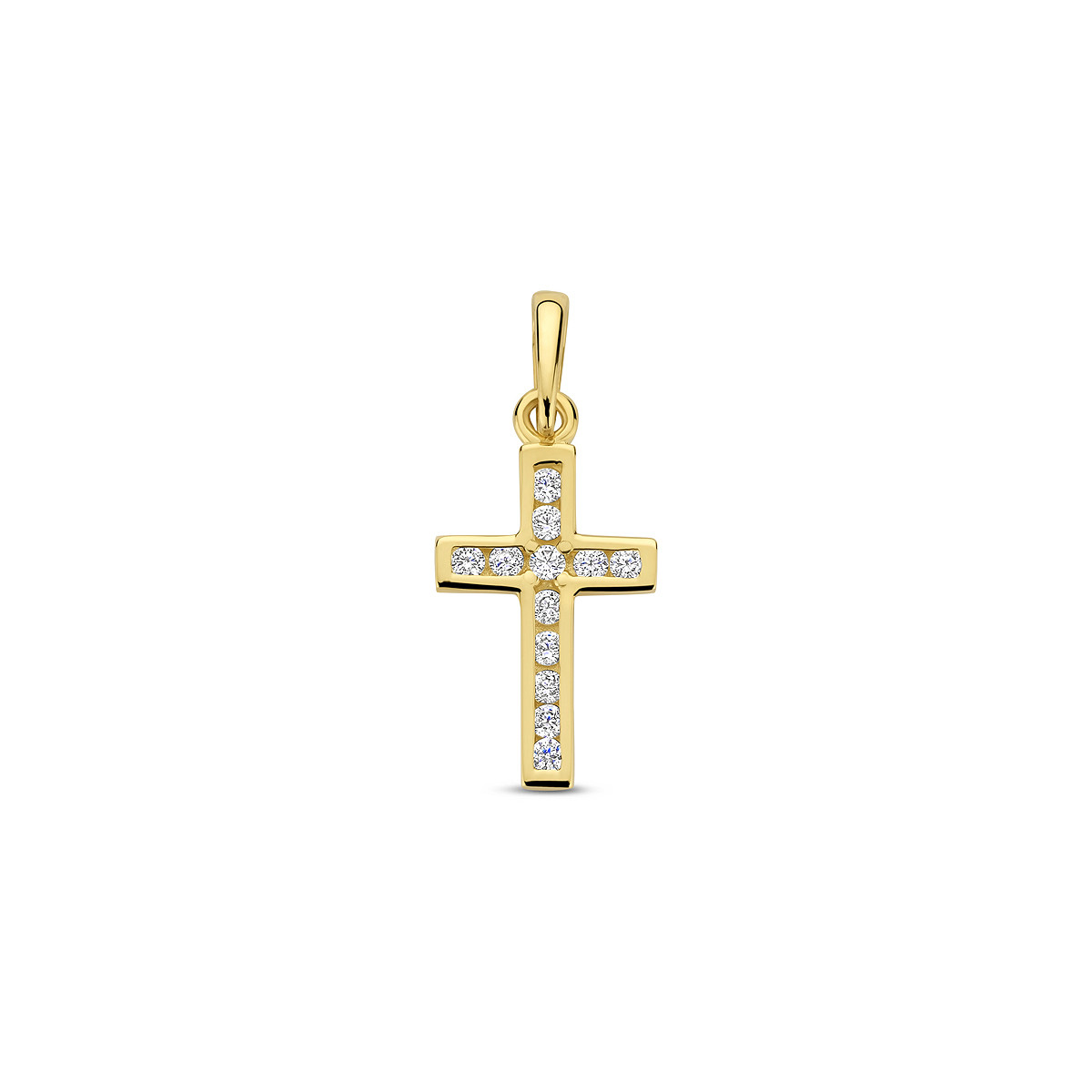 9-karaat goudkleurig kruisje met zirkonia steentjes 8 mm breed - Hoogte 12.5 mm