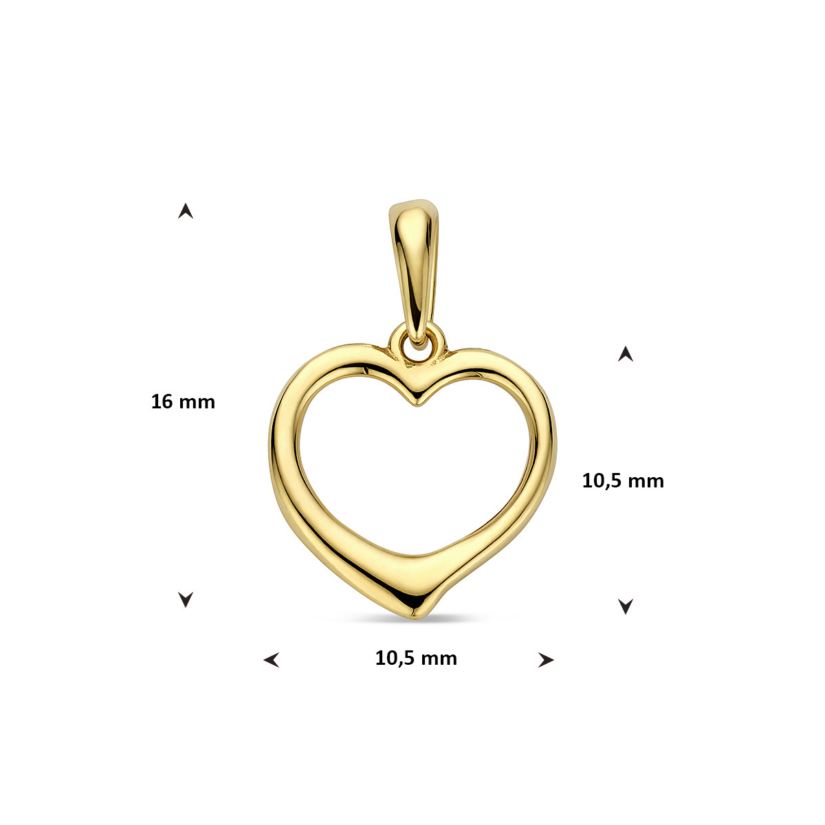9-karaat goudkleurige hartjes hanger glanzend opengewerkt 10.5 mm breed - Hoogte 16 mm