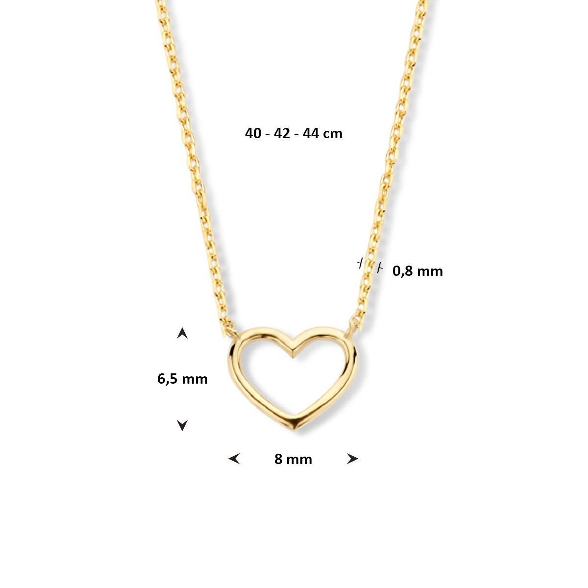 9-karaat goudkleurige ketting met hartvormige hanger 0.8 mm - Lengte 40-42-44 cm
