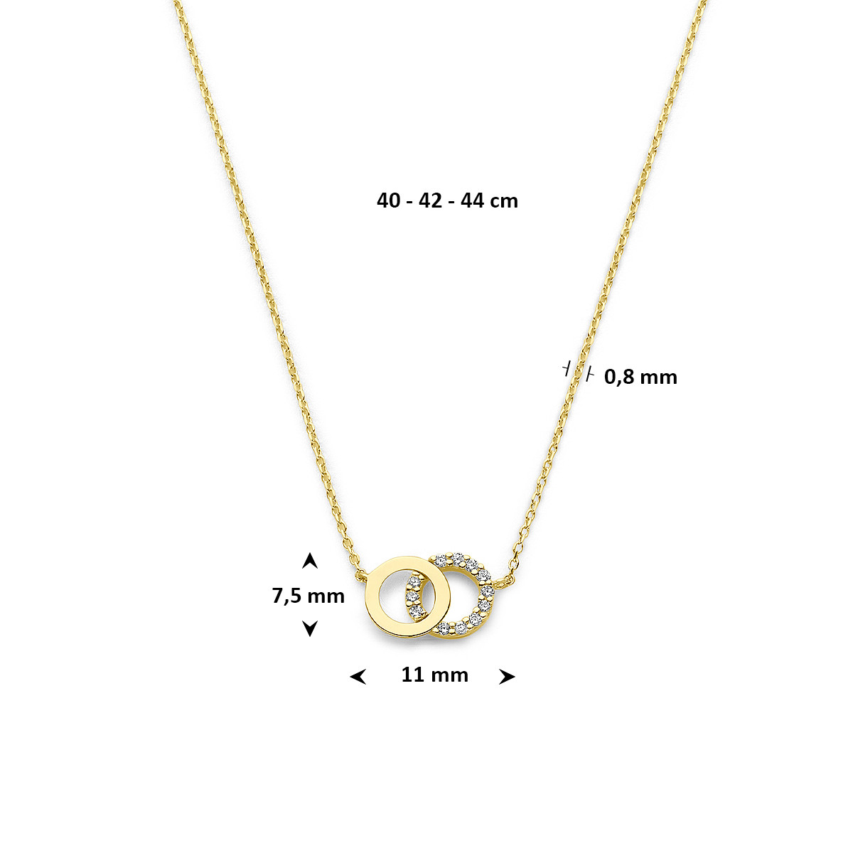 9-karaat goudkleurige ketting met open rondjes en zirkonia 0.8 mm breed - Lengte 40-42-44 cm