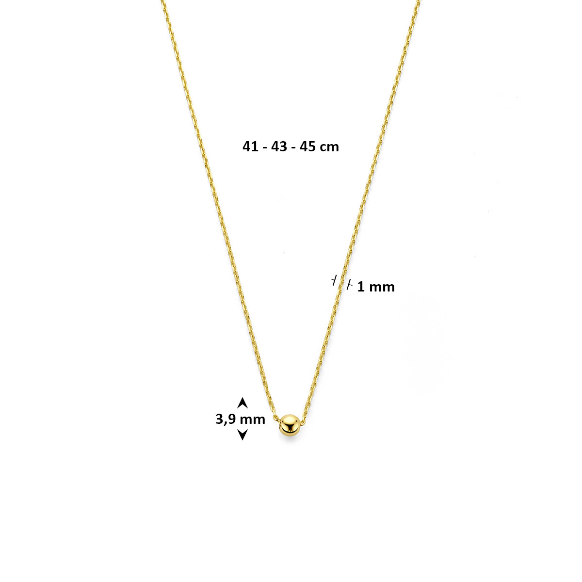 9-karaat goudkleurige ketting met ronde hanger glanzend 1 mm breed - Lengte 41-43-45 cm