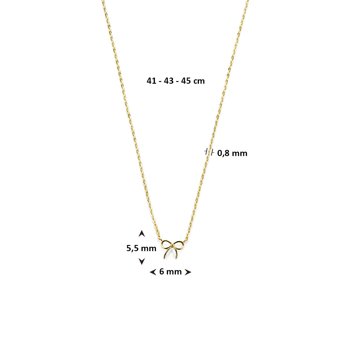 9-karaat goudkleurige ketting met strik hanger 0.8 mm breed - Lengte 40-42-45 cm