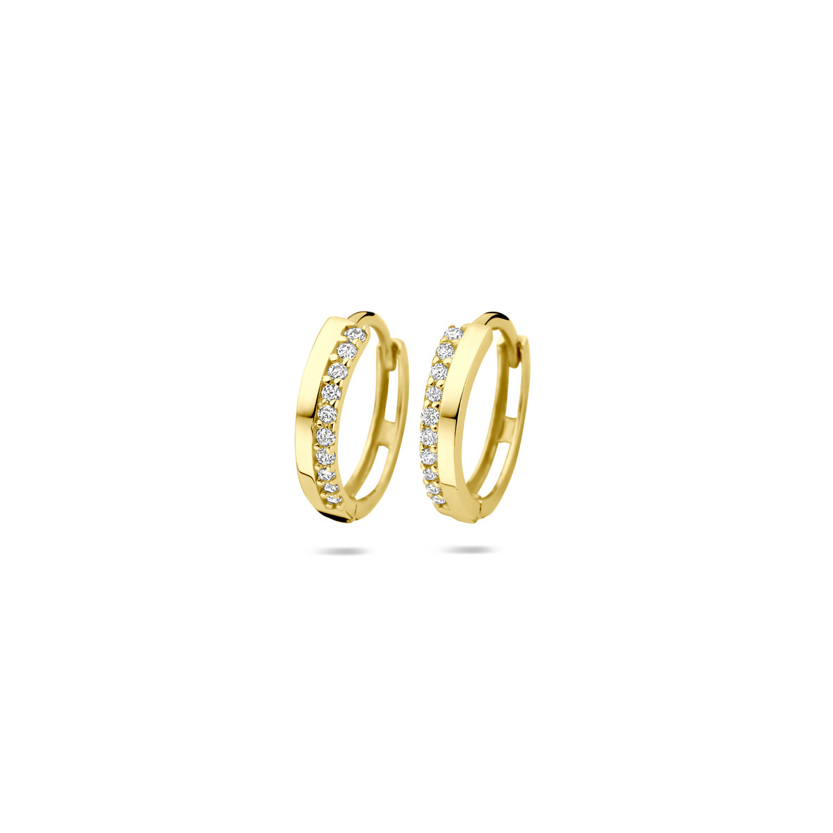 9-karaat goudkleurige oorringen met glanzende baan en zirkonia rij 2.5 mm breed - Diameter 12 mm