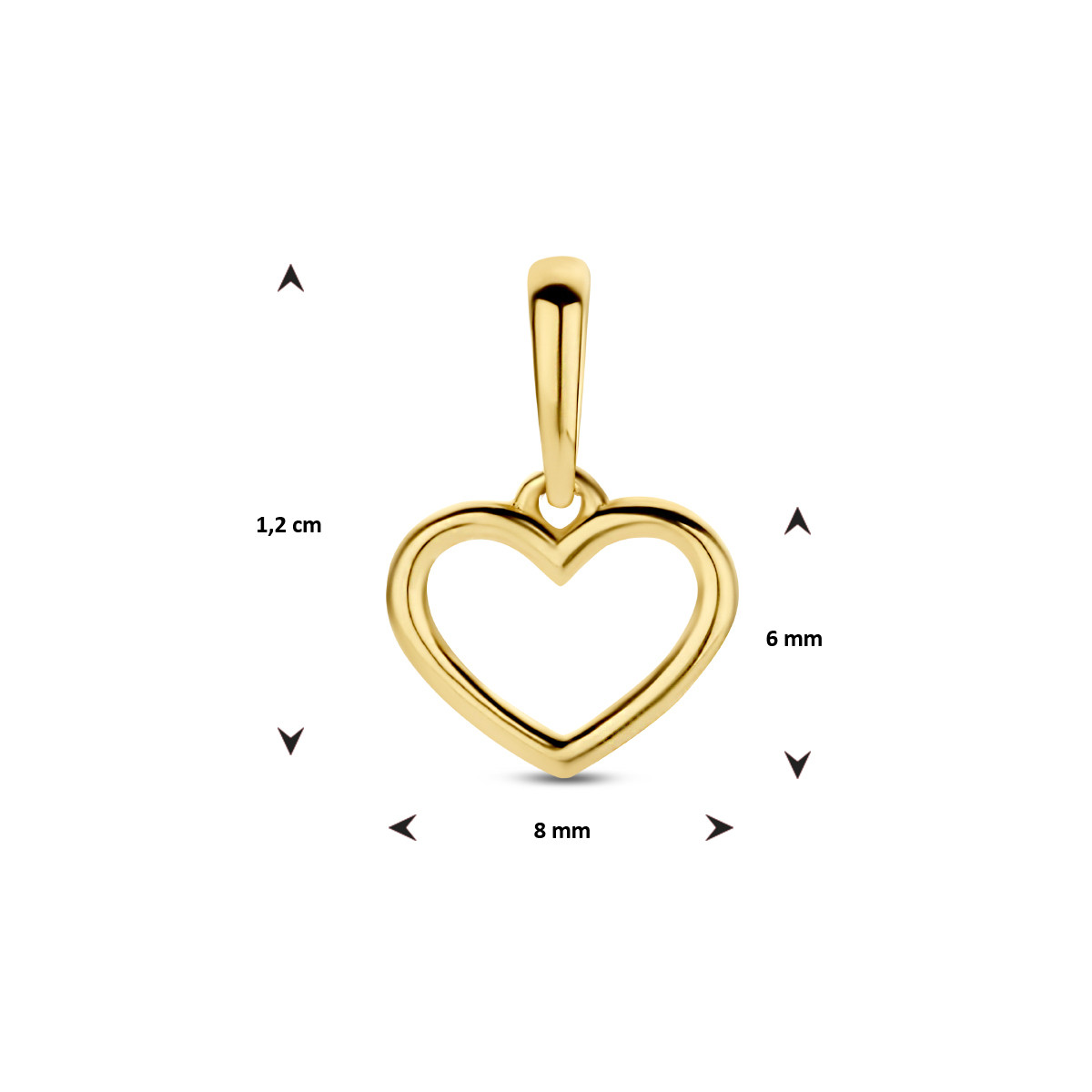 9-karaat goudkleurige open hartjes hanger 8 mm breed - Hoogte 12 mm
