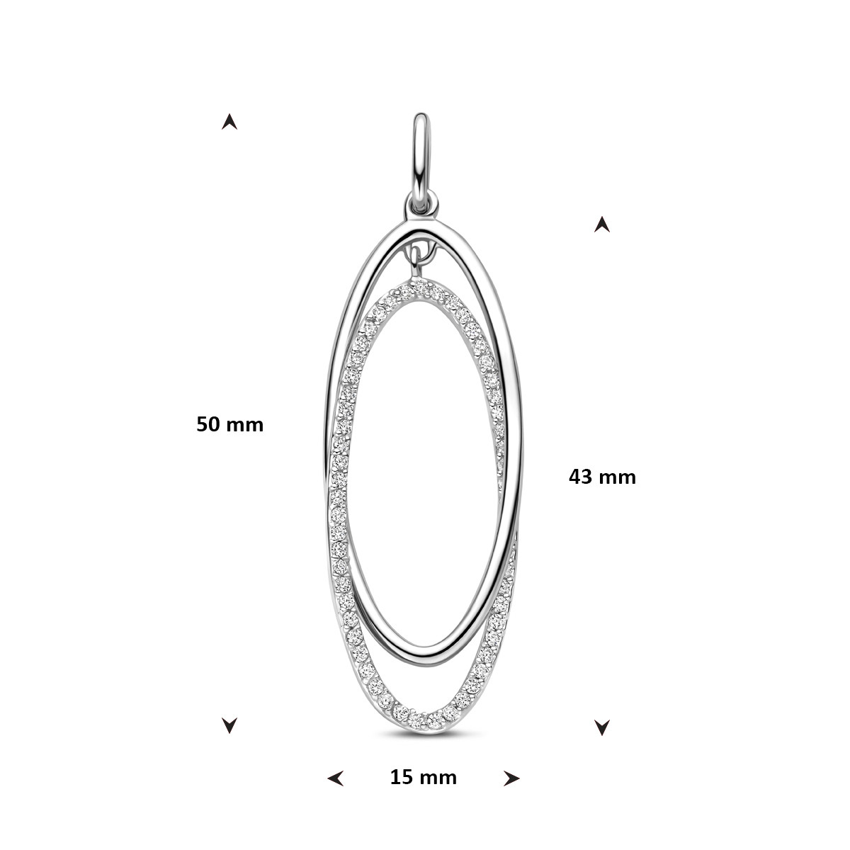 925 zilveren hanger met glanzende en zirkonia ovaal 15 mm breed - Hoogte 50 mm