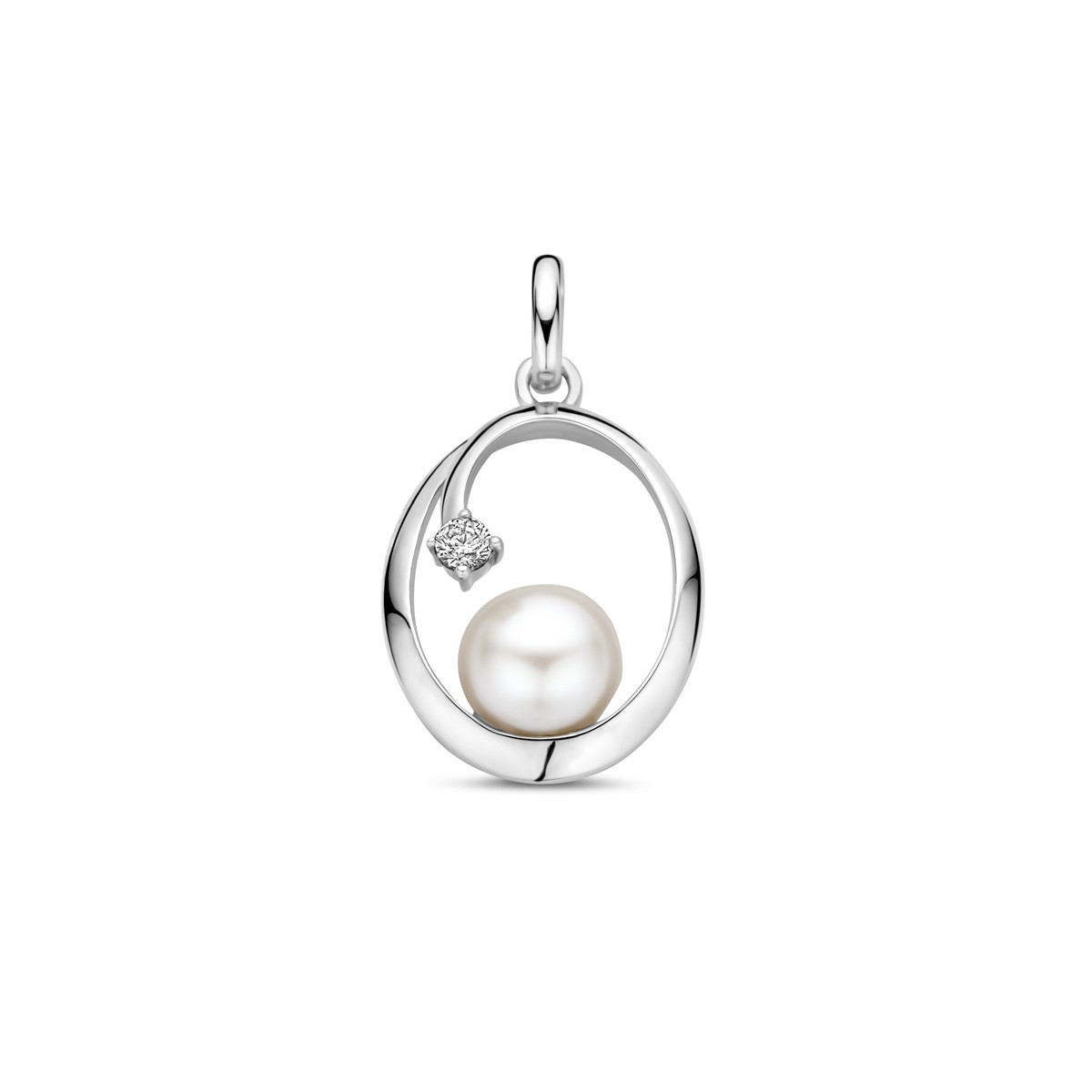 925 zilveren hanger met parel en zirkonia 12.5 mm breed - Hoogte 21 mm