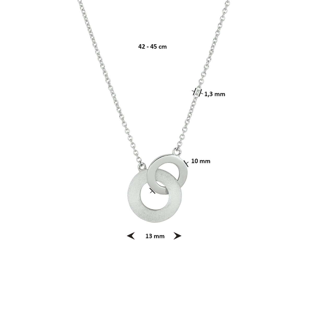925 zilveren ketting met hanger van twee matte overlappende cirkels 1.3 mm breed - Lengte 42-45 cm