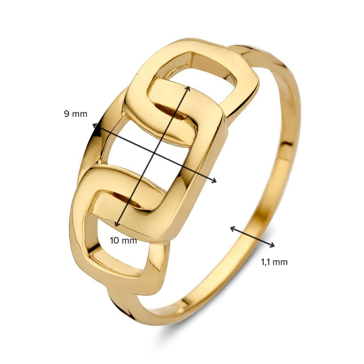 Abstracte 14-karaat gouden ring met drie vierkante schakels van 9 mm breed