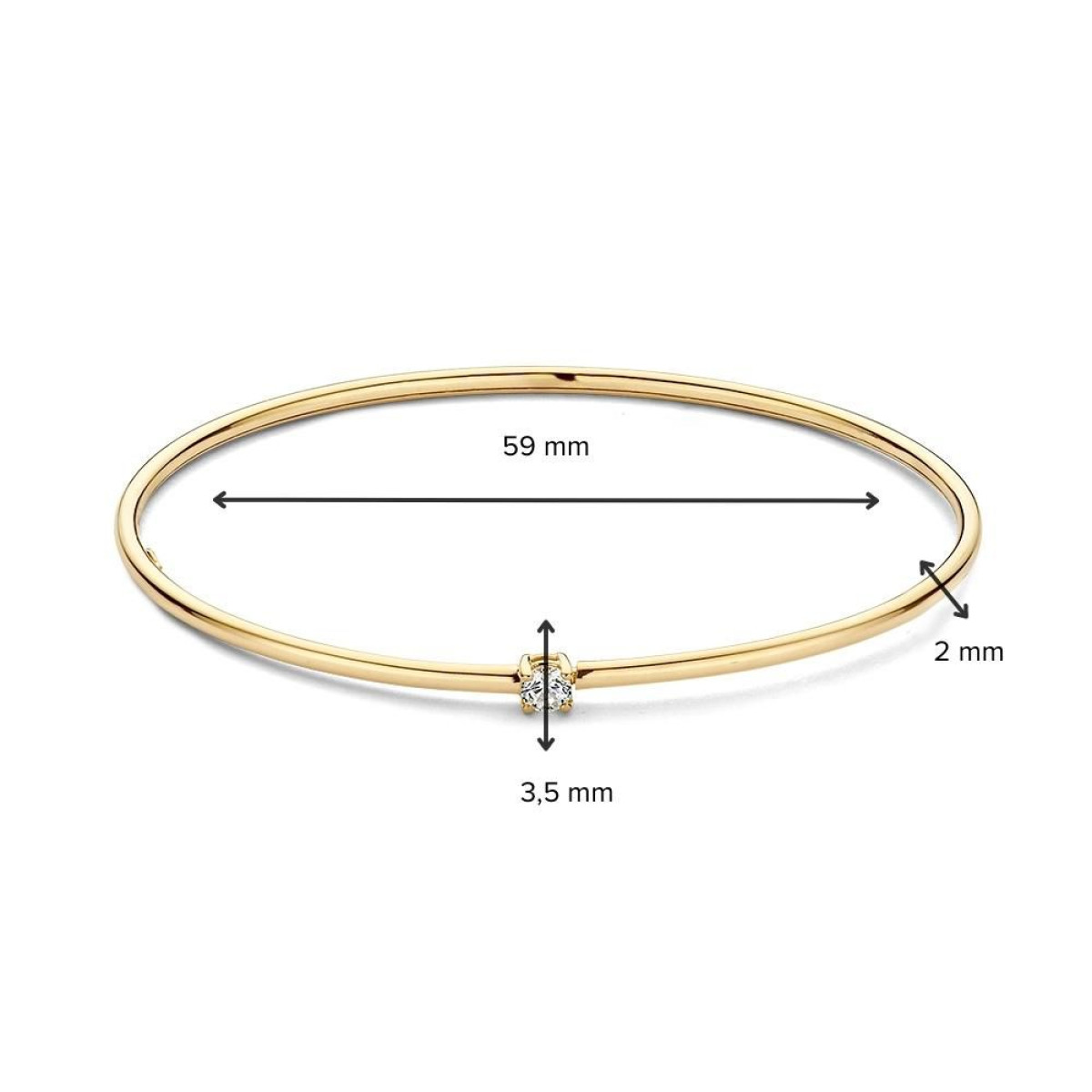 Afgeronde 14-karaat gouden bangle met transparante zirkonia 3.5 mm - Diameter 59 mm