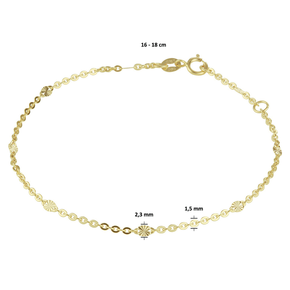 Anker enkelbandje met gediamanteerde plaatjes goud - Lengte 24 - 26 cm