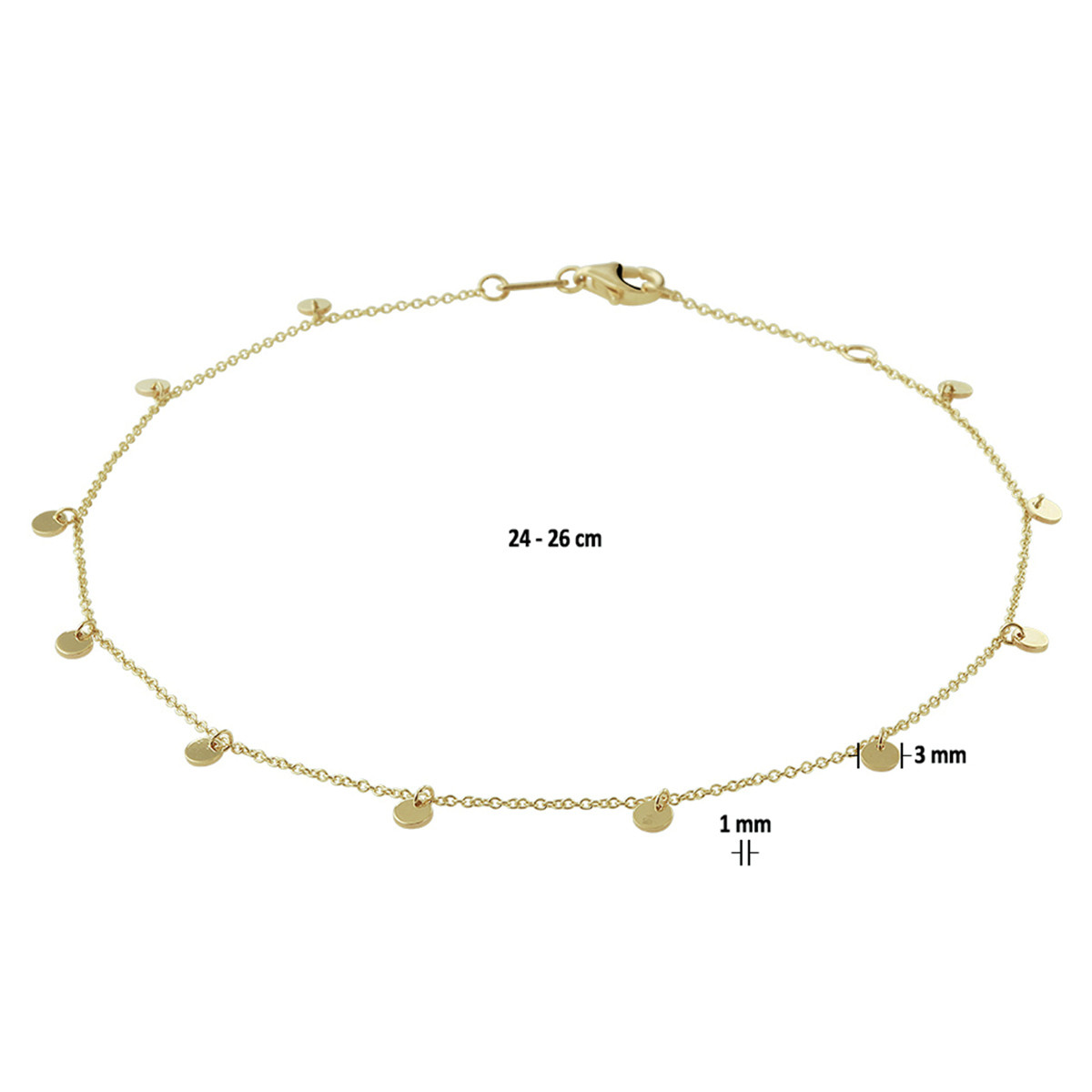 Anker enkelbandje met rondjes goud - Lengte 24 - 26  cm