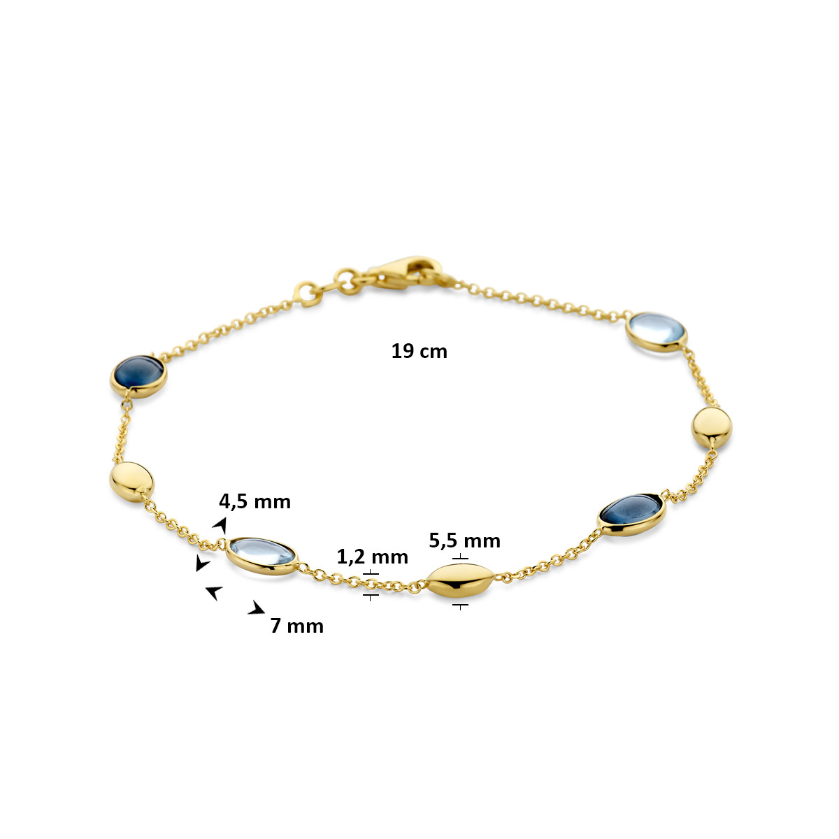 Armband met 14-karaat gouden ovaaltjes en blauwe topaas 1.2 mm breed - Lengte 19 cm