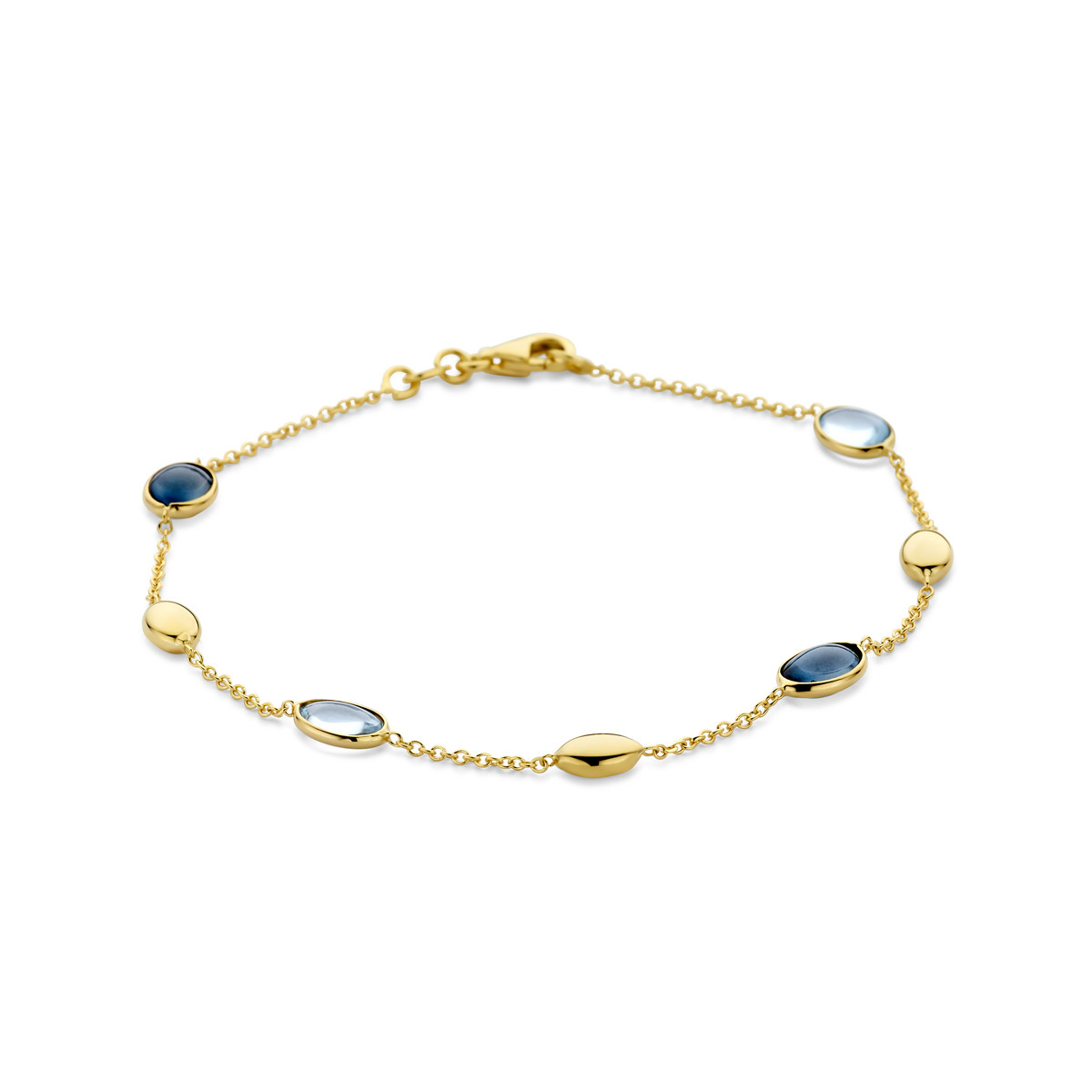 Armband met 14-karaat gouden ovaaltjes en blauwe topaas 1.2 mm breed - Lengte 19 cm
