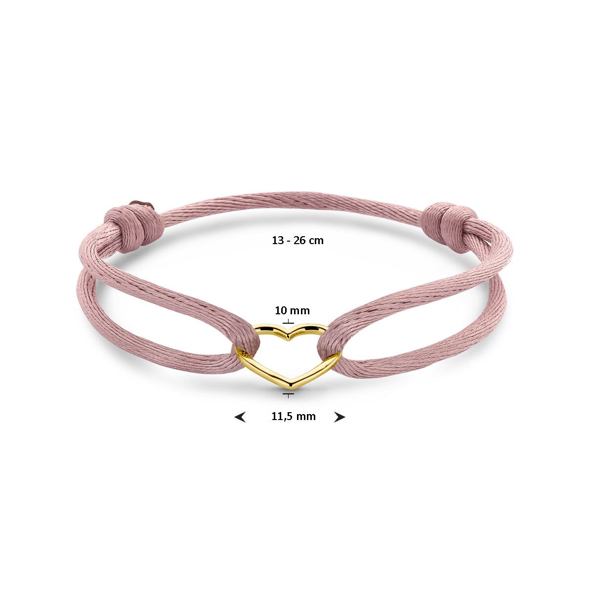 Armband met roze satijn en 14-karaat gouden hartje - Lengte 13-26 cm