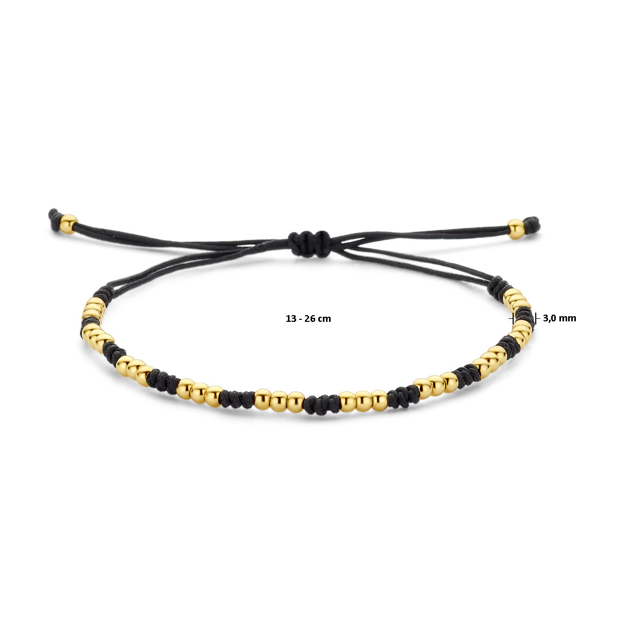 Armband met zwart nylon en gouden bolletjes - Lengte 12-24 cm