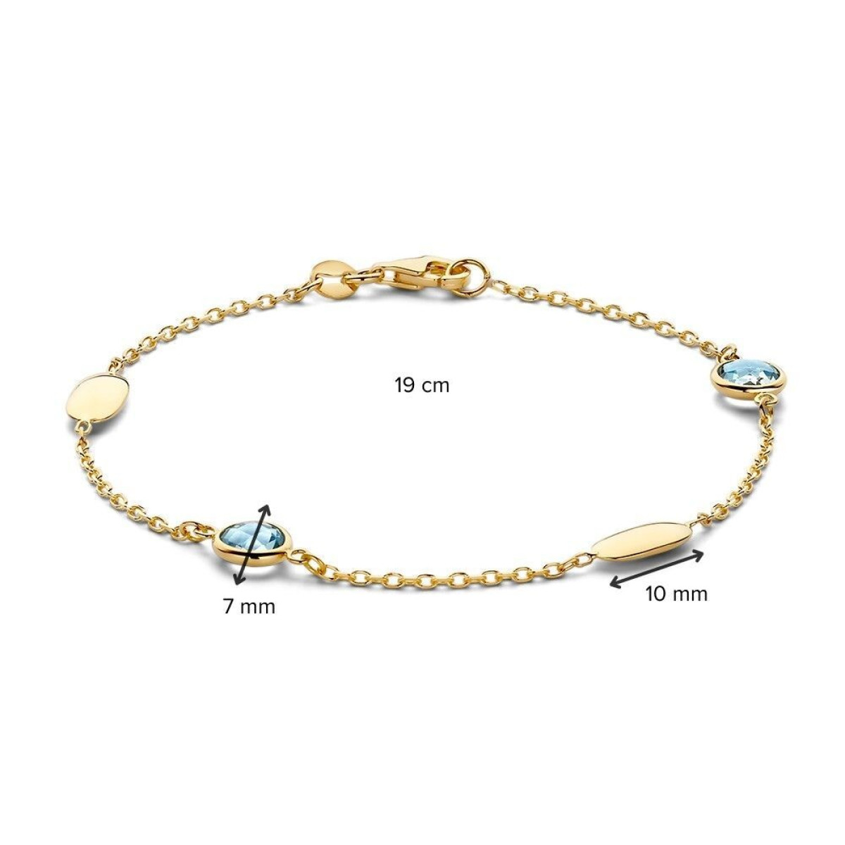 Armband van goud met twee glanzende ovalen en twee blauwe topaas stenen - Lengte 19 cm