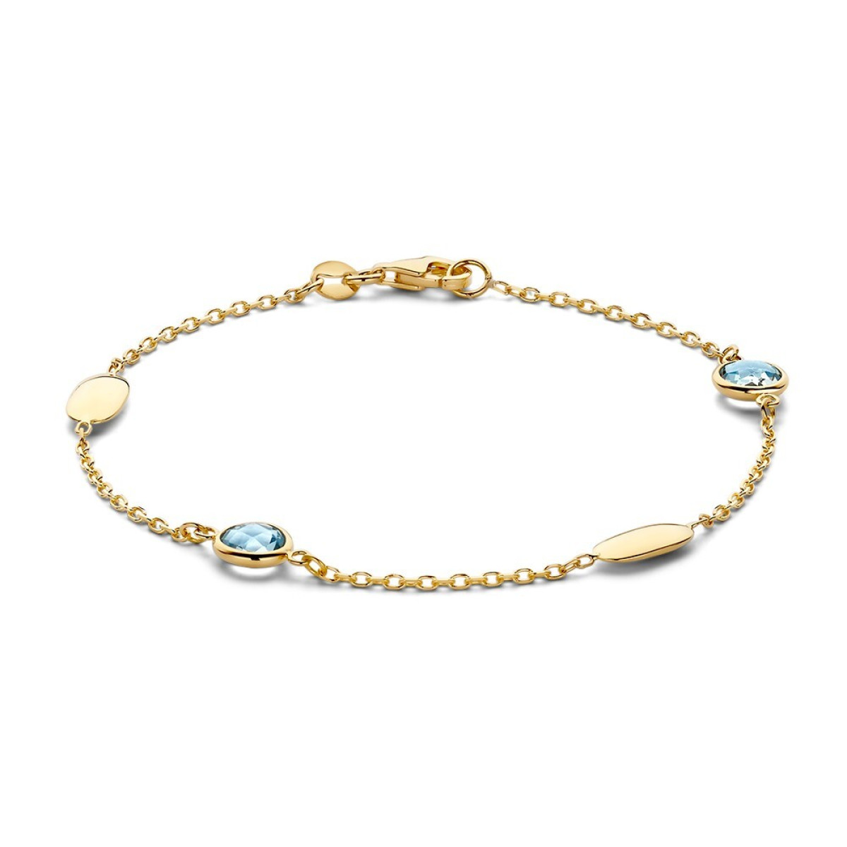 Armband van goud met twee glanzende ovalen en twee blauwe topaas stenen - Lengte 19 cm