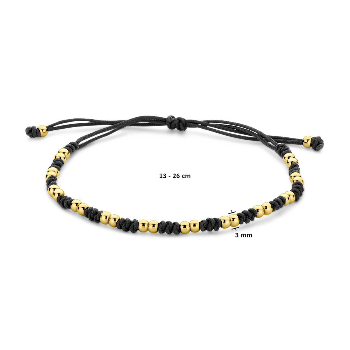 Armband van zwart nylon en 14-karaat gouden bolletjes - Lengte 12-24 cm
