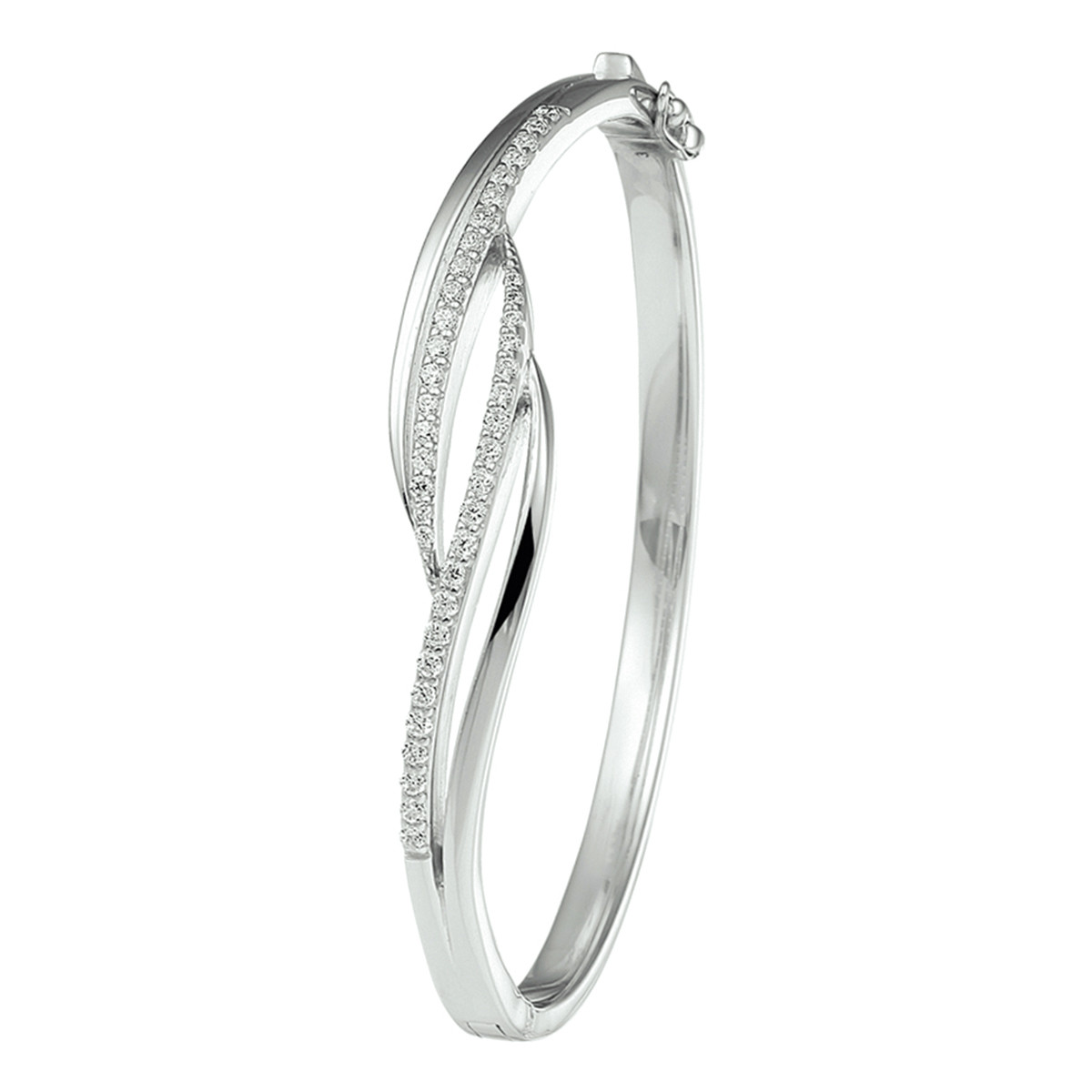 Zilveren bangle glanzend met zirkonia 11 mm breed - Diameter 60 mm