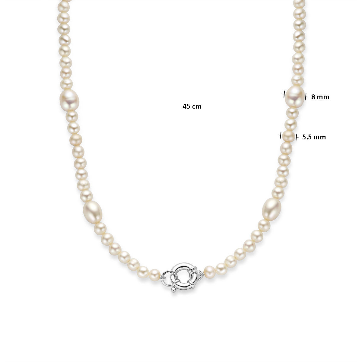 Barokke parelketting van zilver met groot zilver springslot - Lengte 45 cm