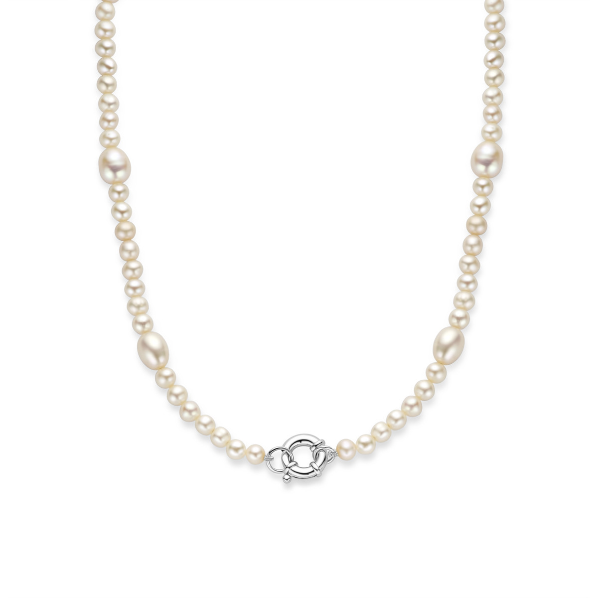 Barokke parelketting van zilver met groot zilver springslot - Lengte 45 cm